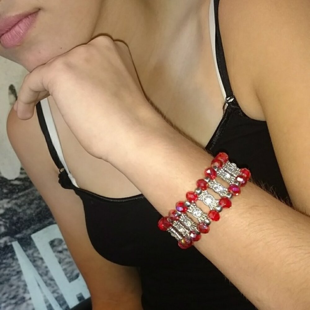 Hand Beaded Rhinestone & Red Stretch Bracelet